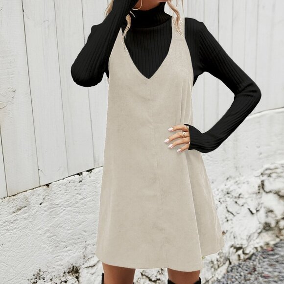 Apricot Casual Women's Corduroy Solid Overall Dress Without Sweater - Picture 3 of 6